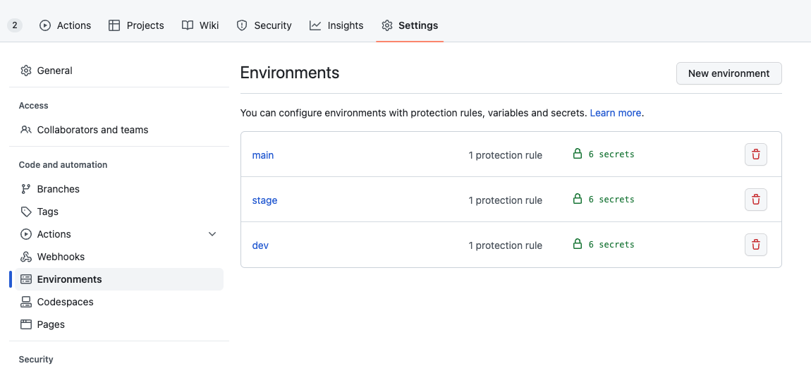 github setting page environment